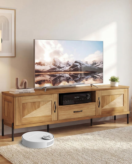 Giantex Farmhouse Rattan TV Stand for TVs up to 80” w/ 2 Storage Cabinets Open Shelf & Drawer