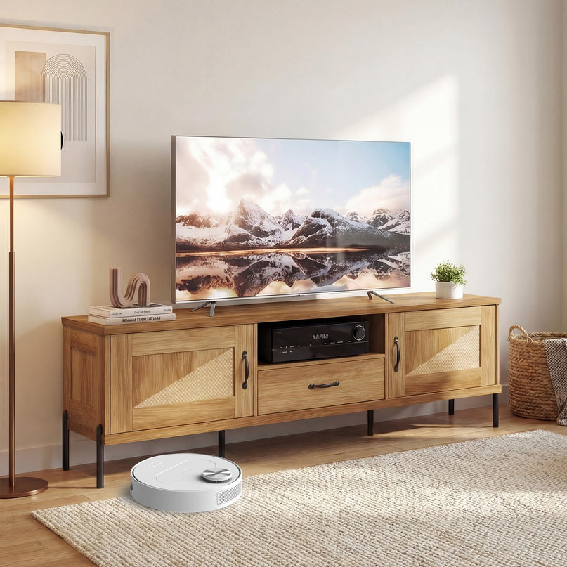 Meuble TV de ferme en rotin Giantex pour téléviseurs jusqu'à 80" avec 2 armoires de rangement, étagère ouverte et tiroir
