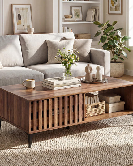 Giantex 47 Inch Wood Mid Century Coffee Table with Fluted Door Front & Rear Cabinets
