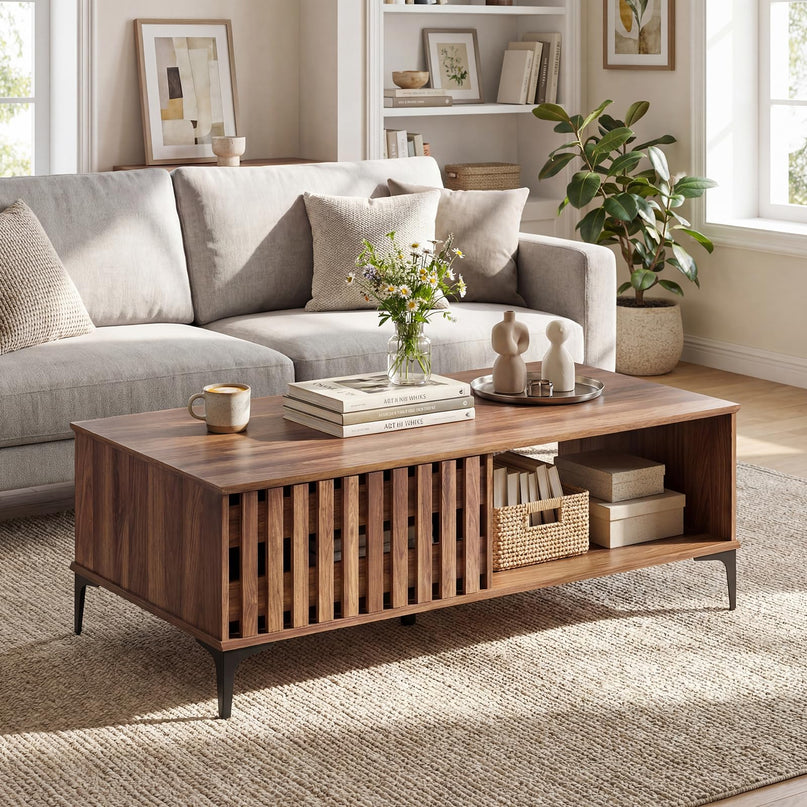Table basse Giantex 47 pouces en bois style milieu du siècle avec porte cannelée et compartiments avant et arrière