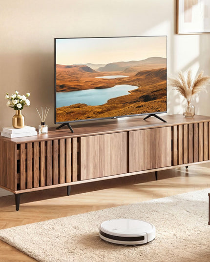 Giantex 4-Door Slatted TV Stand for 80 Inches TVs with 4 Storage Cabinets
