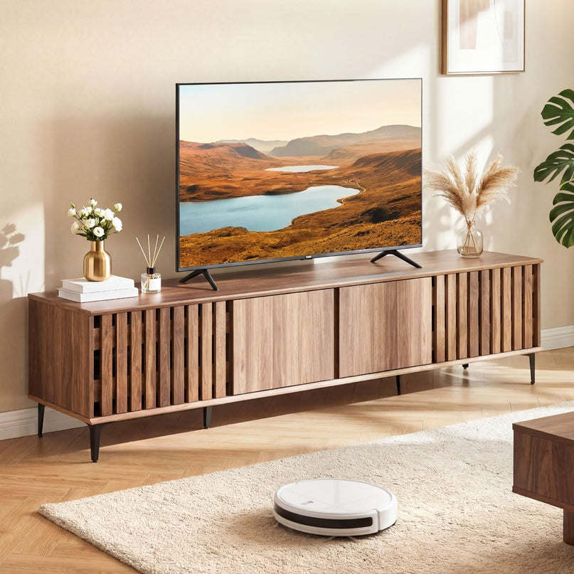 Giantex 4-Door Slatted TV Stand for 80 Inches TVs with 4 Storage Cabinets