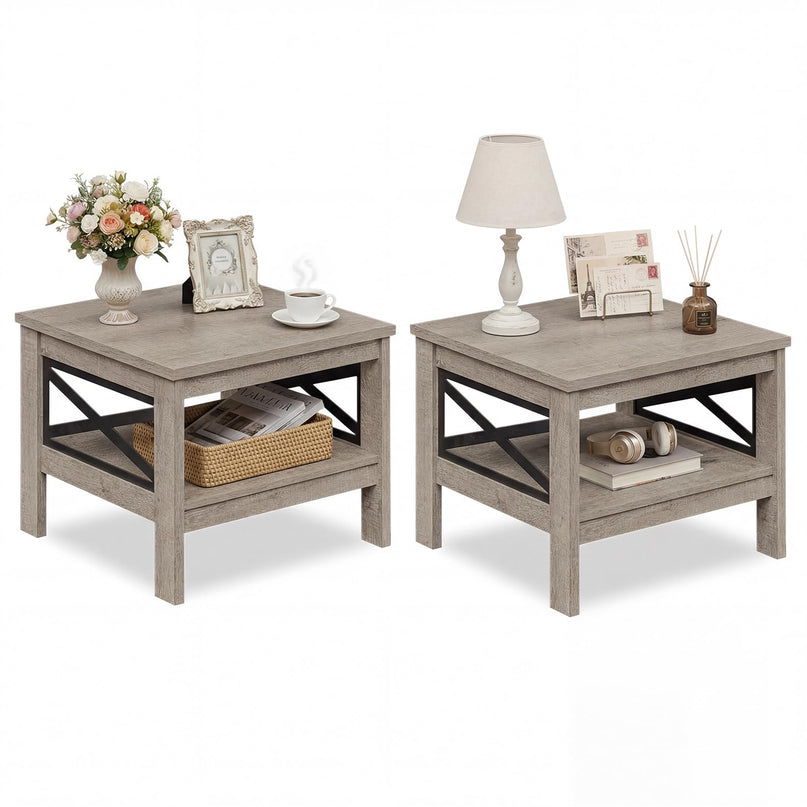 Table d'appoint carrée Giantex à 2 niveaux avec étagère de rangement et cadre en X pour chambre à coucher et salon