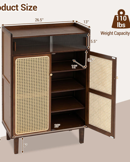 Giantex Bamboo Shoe Cabinet w/Woven Rattan Doors and Shelves & Sliding Doors
