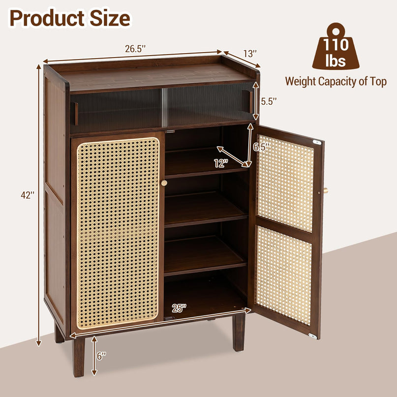 Giantex Bamboo Shoe Cabinet w/Woven Rattan Doors and Shelves & Sliding Doors