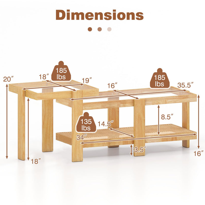 Giantex Nesting Coffee Table Set of 2 with Tempered Glass Top & Solid Rubber Wood Frame
