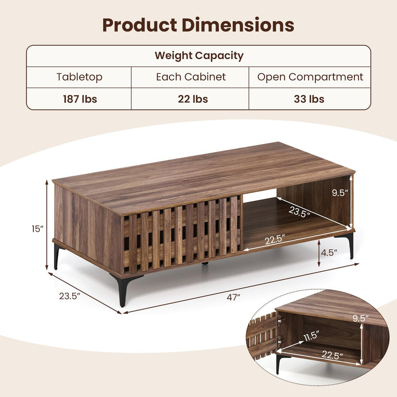 Table basse Giantex 47 pouces en bois style milieu du siècle avec porte cannelée et compartiments avant et arrière