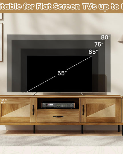 Giantex Farmhouse Rattan TV Stand for TVs up to 80” w/ 2 Storage Cabinets Open Shelf & Drawer