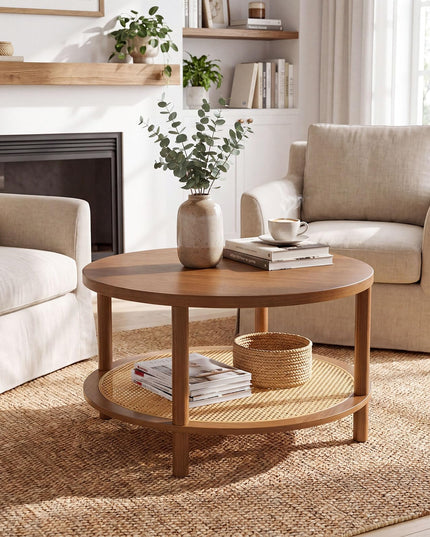Giantex Rattan Coffee Table with Storage & Solid Rubber Wood Legs