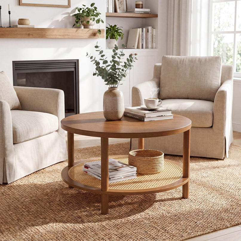 Giantex Rattan Coffee Table with Storage & Solid Rubber Wood Legs