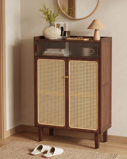 Giantex Bamboo Shoe Cabinet w/Woven Rattan Doors and Shelves & Sliding Doors