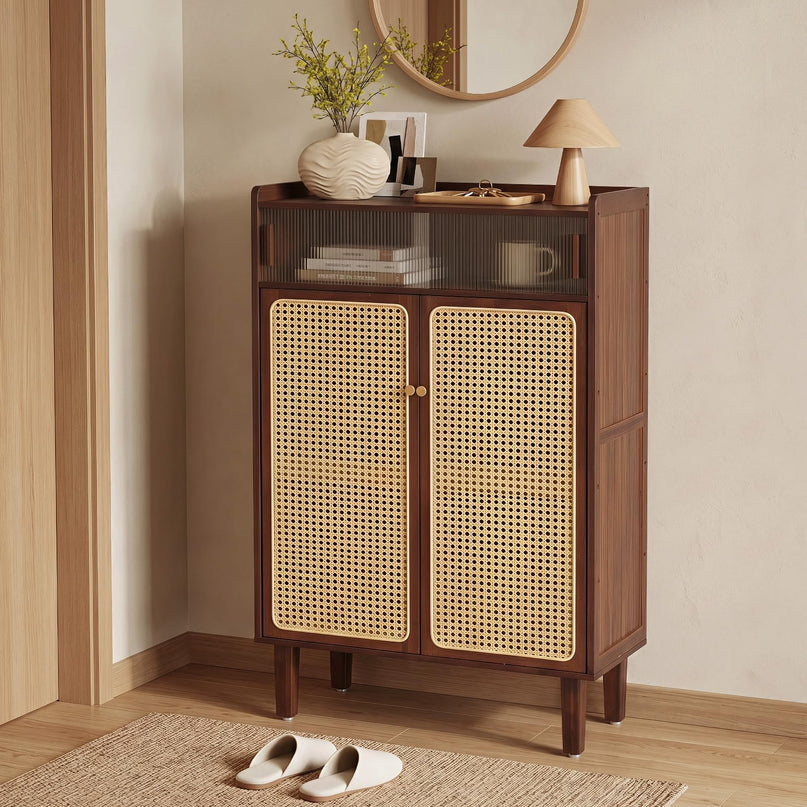 Giantex Bamboo Shoe Cabinet w/Woven Rattan Doors and Shelves & Sliding Doors