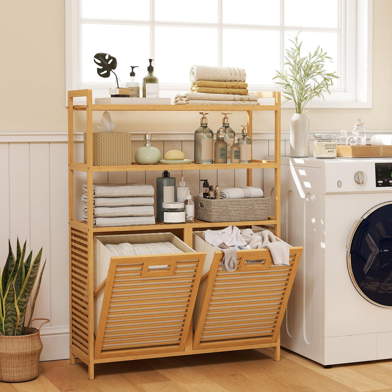Giantex Double Tilt Out Laundry Hamper with 3-Tier Storage Shelf