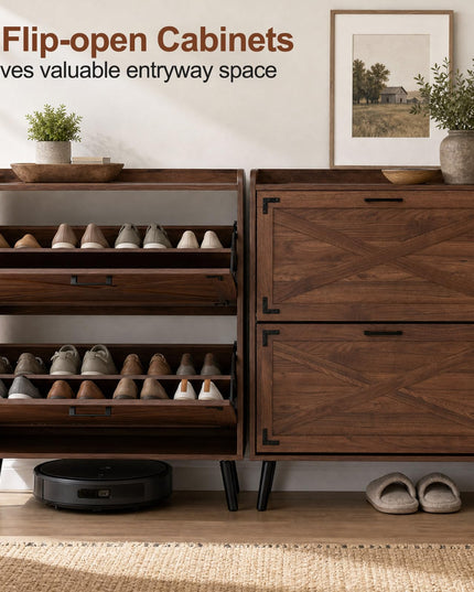 Giantex Farmhouse Shoe Storage Cabinet with 2 Flip Drawers for Entryway
