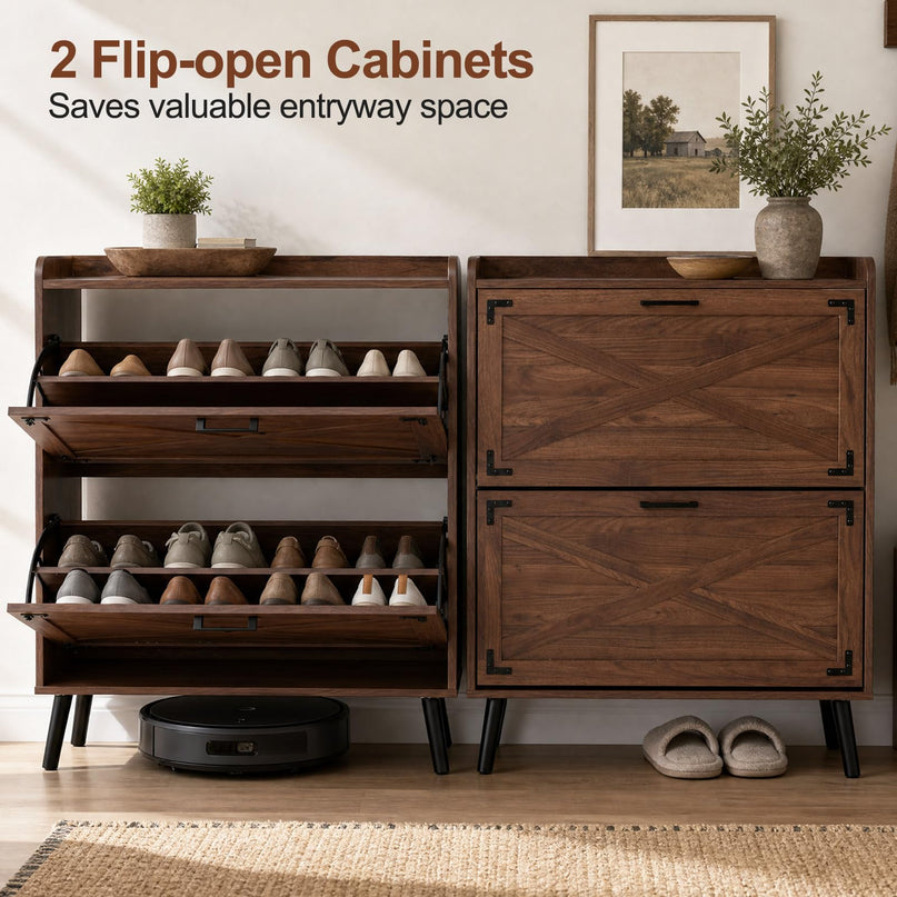 Giantex Farmhouse Shoe Storage Cabinet with 2 Flip Drawers for Entryway