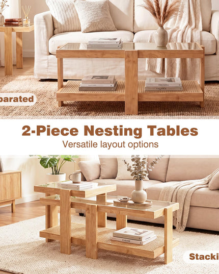 Giantex Nesting Coffee Table Set of 2 with Tempered Glass Top & Solid Rubber Wood Frame