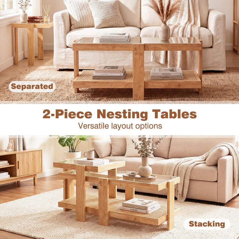 Giantex Nesting Coffee Table Set of 2 with Tempered Glass Top & Solid Rubber Wood Frame