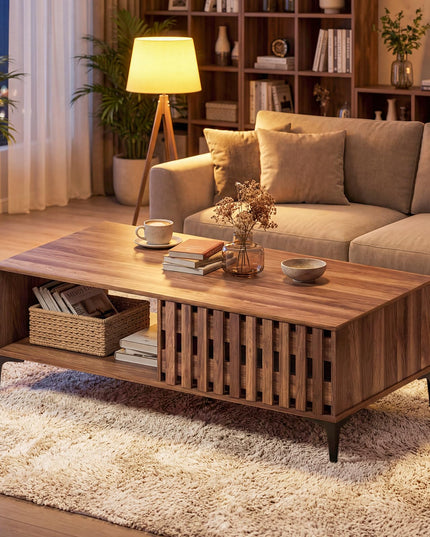 Giantex 47 Inch Wood Mid Century Coffee Table with Fluted Door Front & Rear Cabinets