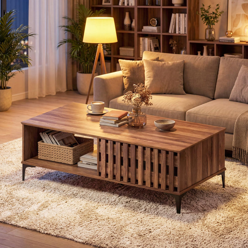 Table basse Giantex 47 pouces en bois style milieu du siècle avec porte cannelée et compartiments avant et arrière