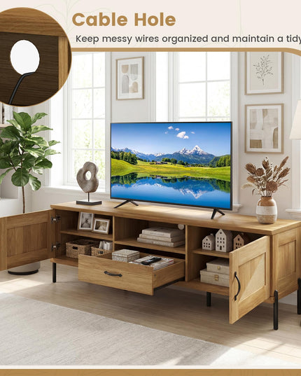 Giantex Farmhouse Rattan TV Stand for TVs up to 80” w/ 2 Storage Cabinets Open Shelf & Drawer