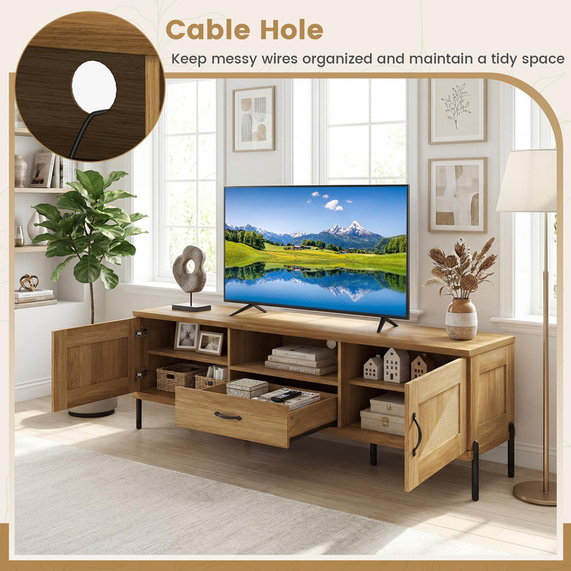 Meuble TV de ferme en rotin Giantex pour téléviseurs jusqu'à 80" avec 2 armoires de rangement, étagère ouverte et tiroir