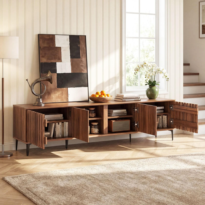 Giantex 4-Door Slatted TV Stand for 80 Inches TVs with 4 Storage Cabinets