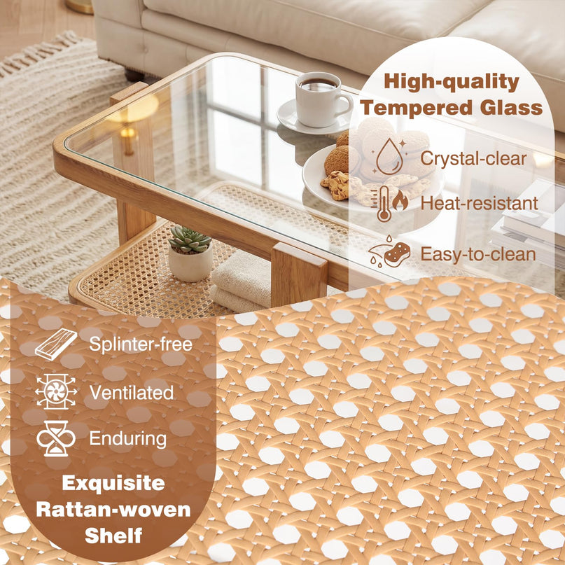 Giantex Nesting Coffee Table Set of 2 with Tempered Glass Top & Solid Rubber Wood Frame