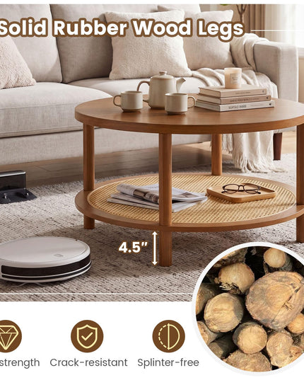 Giantex Rattan Coffee Table with Storage & Solid Rubber Wood Legs