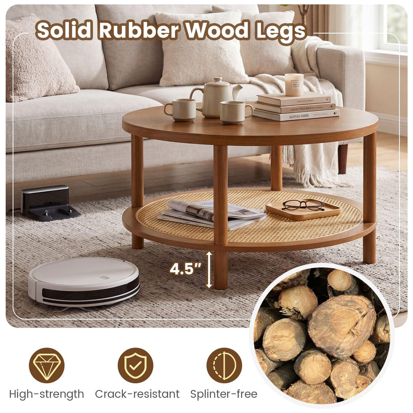 Giantex Rattan Coffee Table with Storage & Solid Rubber Wood Legs