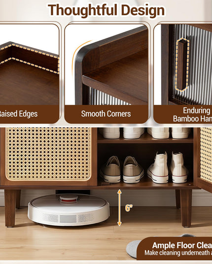 Giantex Bamboo Shoe Cabinet w/Woven Rattan Doors and Shelves & Sliding Doors