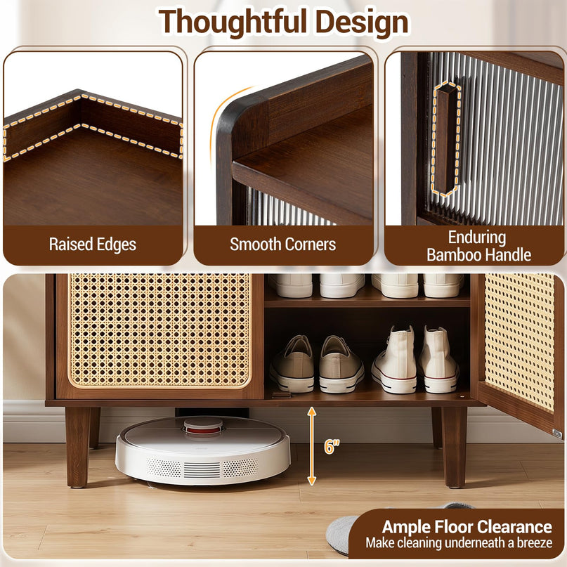 Giantex Bamboo Shoe Cabinet w/Woven Rattan Doors and Shelves & Sliding Doors
