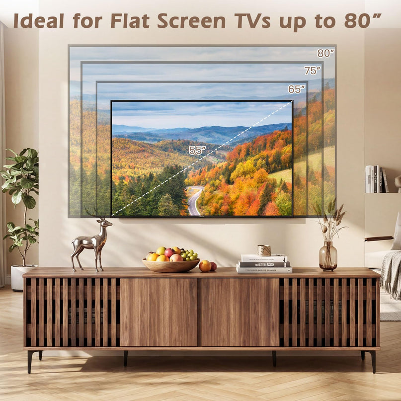 Giantex 4-Door Slatted TV Stand for 80 Inches TVs with 4 Storage Cabinets