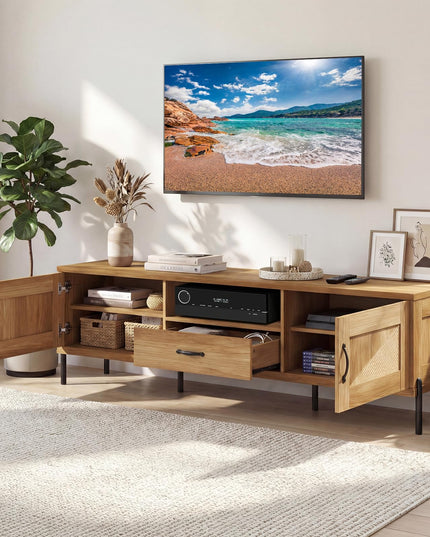 Giantex Farmhouse Rattan TV Stand for TVs up to 80” w/ 2 Storage Cabinets Open Shelf & Drawer