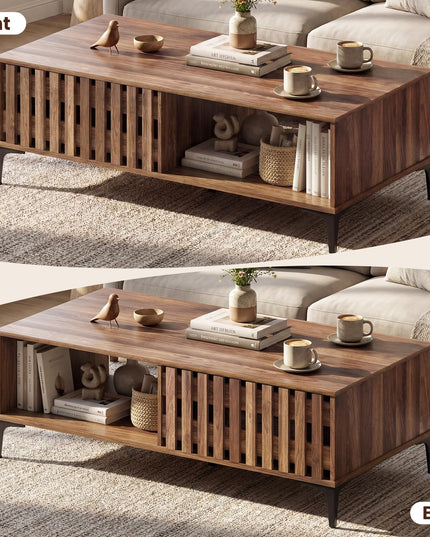 Giantex 47 Inch Wood Mid Century Coffee Table with Fluted Door Front & Rear Cabinets