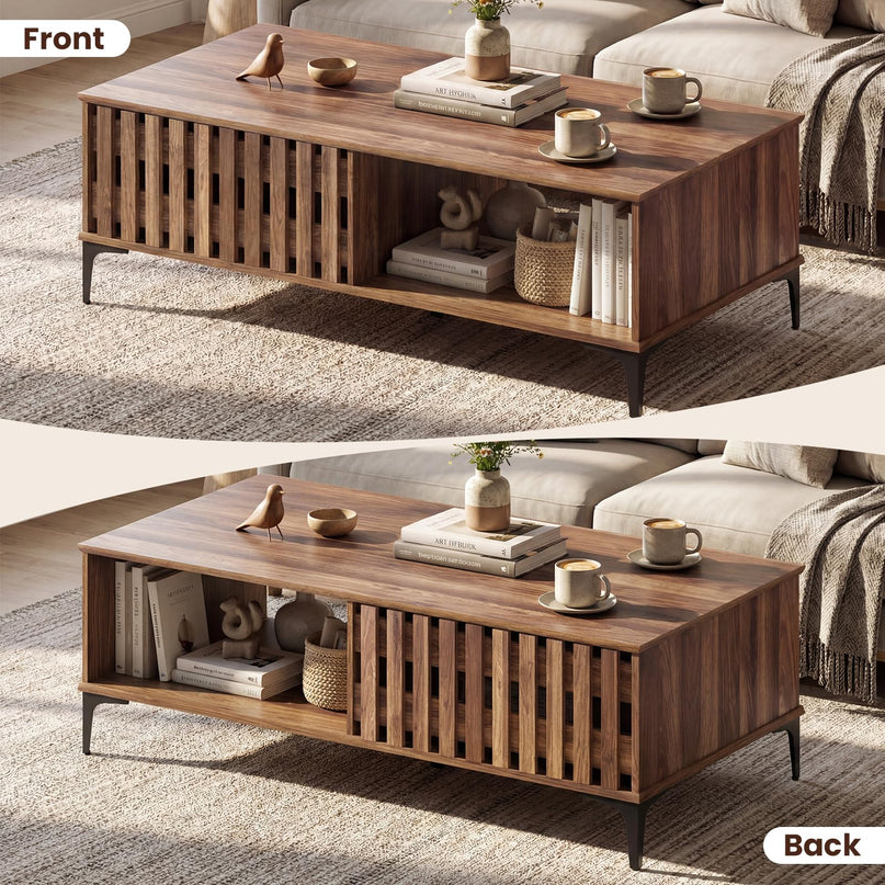 Table basse Giantex 47 pouces en bois style milieu du siècle avec porte cannelée et compartiments avant et arrière