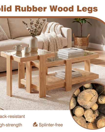 Giantex Nesting Coffee Table Set of 2 with Tempered Glass Top & Solid Rubber Wood Frame