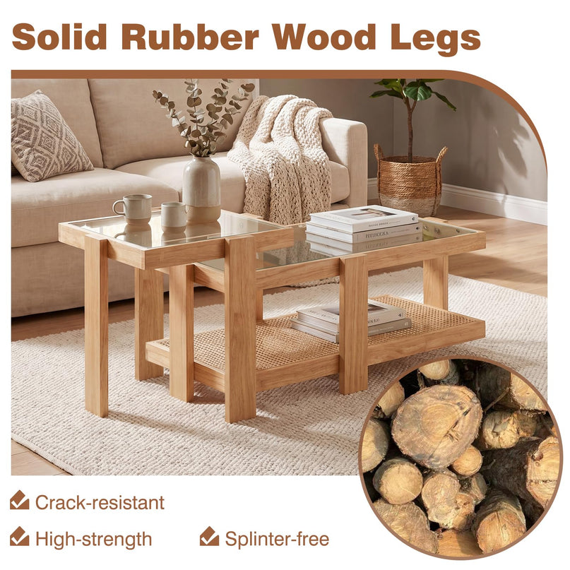 Giantex Nesting Coffee Table Set of 2 with Tempered Glass Top & Solid Rubber Wood Frame
