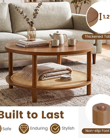 Giantex Rattan Coffee Table with Storage & Solid Rubber Wood Legs