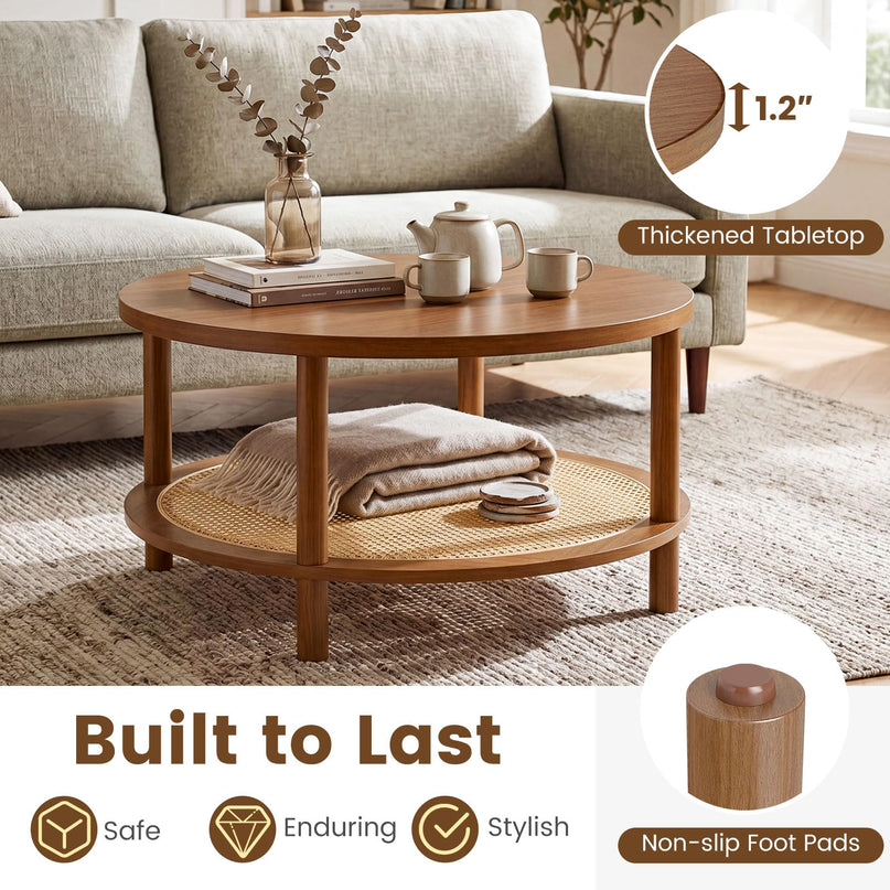 Giantex Rattan Coffee Table with Storage & Solid Rubber Wood Legs