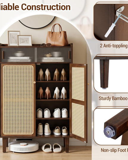 Giantex Bamboo Shoe Cabinet w/Woven Rattan Doors and Shelves & Sliding Doors