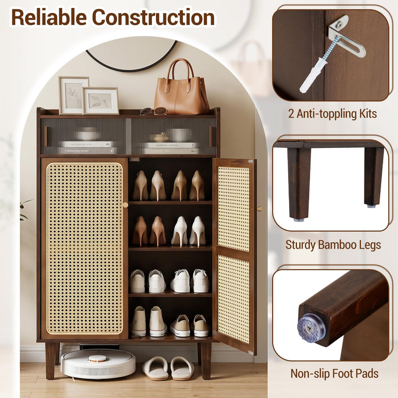 Giantex Bamboo Shoe Cabinet w/Woven Rattan Doors and Shelves & Sliding Doors