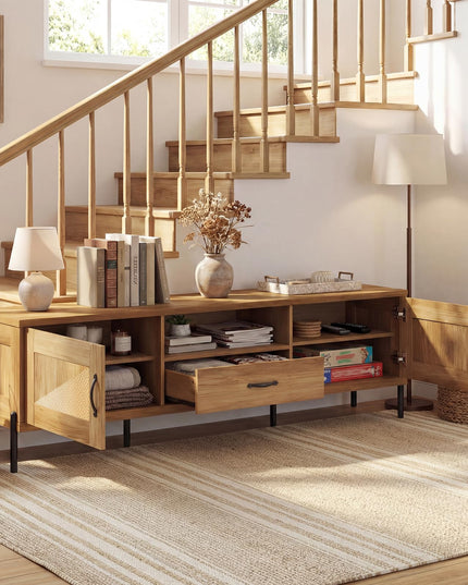 Giantex Farmhouse Rattan TV Stand for TVs up to 80” w/ 2 Storage Cabinets Open Shelf & Drawer