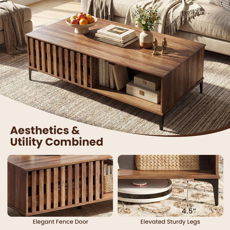 Table basse Giantex 47 pouces en bois style milieu du siècle avec porte cannelée et compartiments avant et arrière