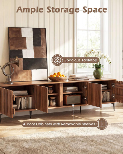 Giantex 4-Door Slatted TV Stand for 80 Inches TVs with 4 Storage Cabinets