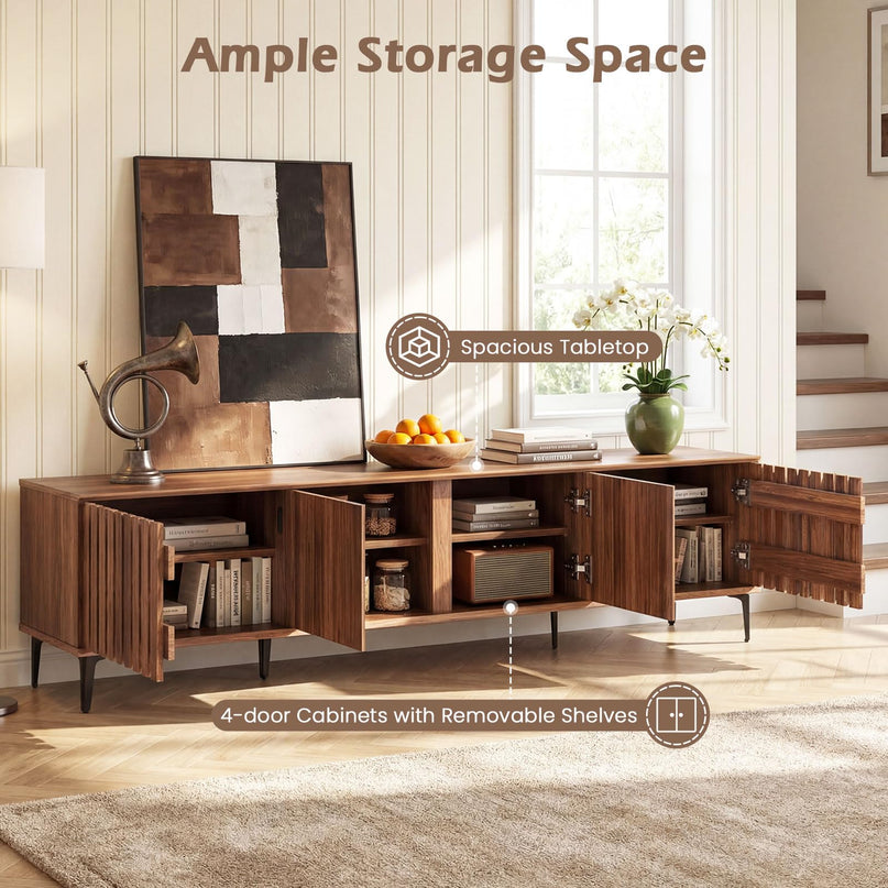 Giantex 4-Door Slatted TV Stand for 80 Inches TVs with 4 Storage Cabinets