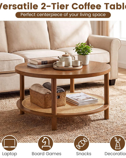Giantex Rattan Coffee Table with Storage & Solid Rubber Wood Legs