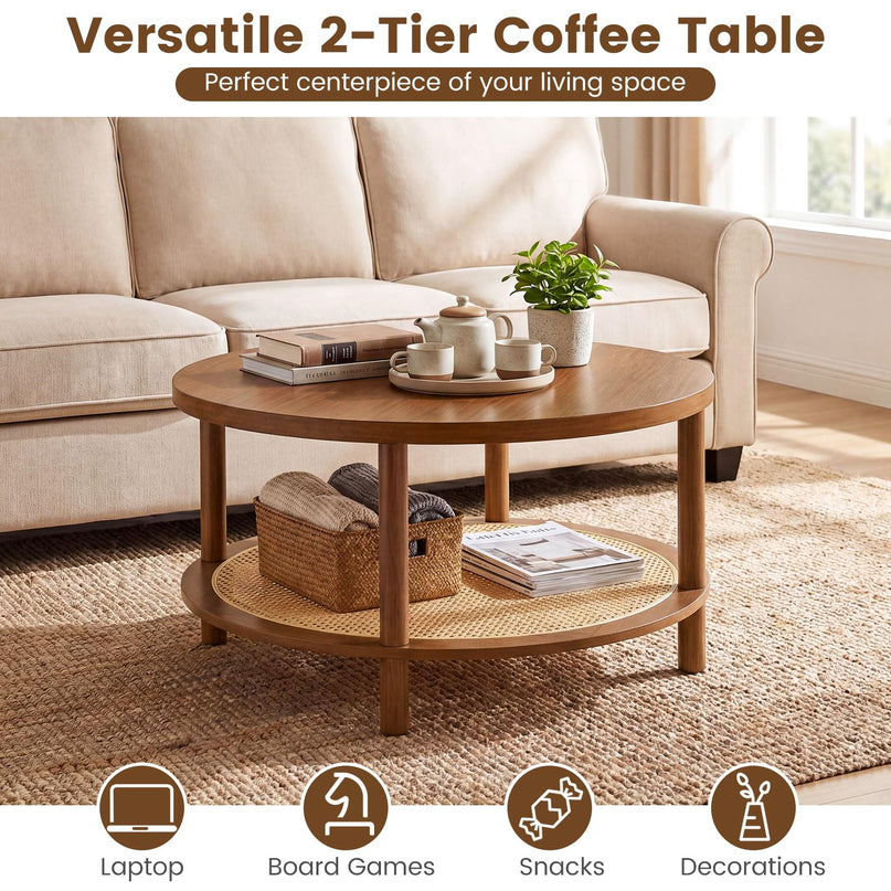 Giantex Rattan Coffee Table with Storage & Solid Rubber Wood Legs
