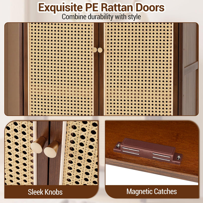 Giantex Bamboo Shoe Cabinet w/Woven Rattan Doors and Shelves & Sliding Doors