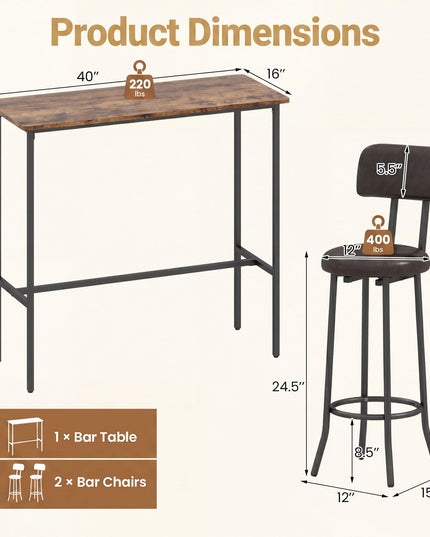 Giantex 3-Piece Bar Table and Chairs Set with Backrest & Footrest