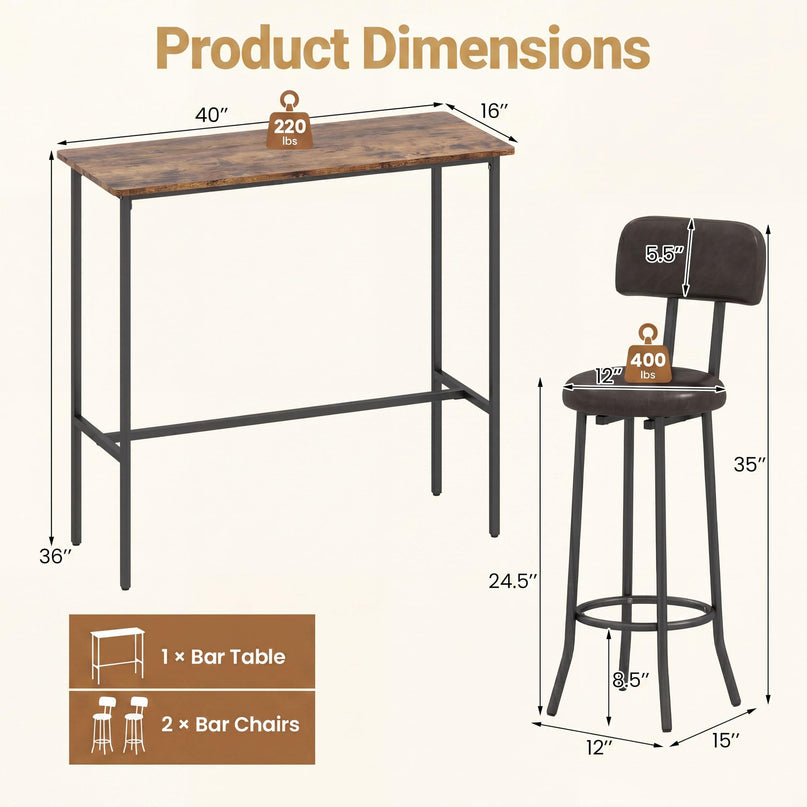 Giantex 3-Piece Bar Table and Chairs Set with Backrest & Footrest
